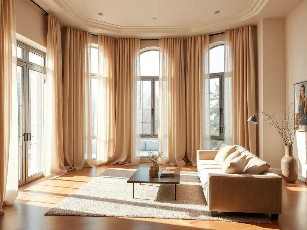 A beautifully designed living room featuring Textura Home's custom-made wave curtains, showcasing the elegance and sophistication they bring to interior spaces.