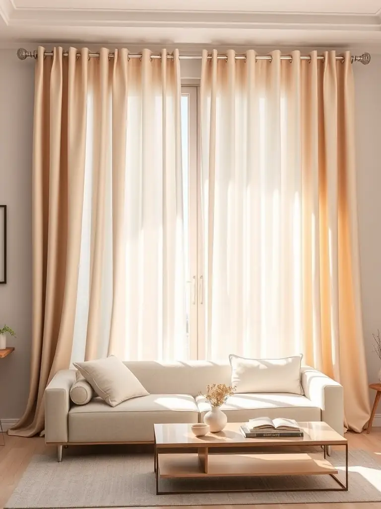 A luxurious living room featuring elegant wave curtains in a neutral tone, creating a soft and flowing aesthetic. The image should highlight the texture and movement of the curtains.