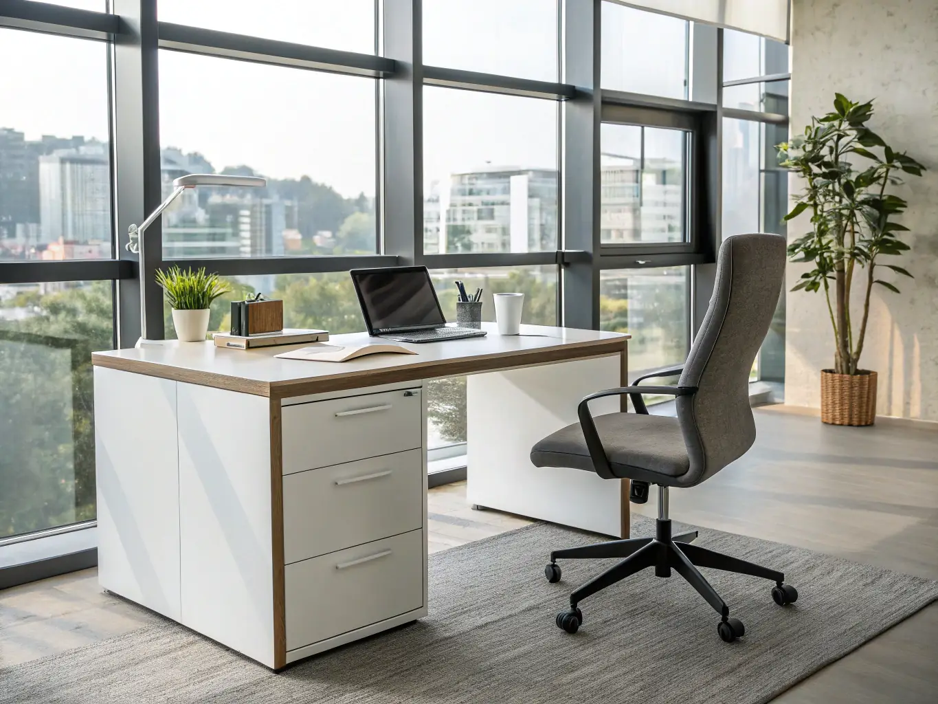 A modern office space with sleek Vertical blinds, providing privacy and light control. The image should emphasize the clean lines and functionality of the blinds.