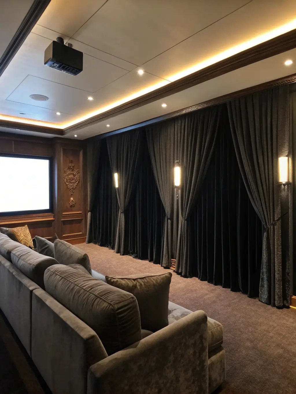 A modern home theater with blackout curtains completely blocking out external light, creating an immersive viewing experience. The image should demonstrate the room-darkening effect of the curtains.