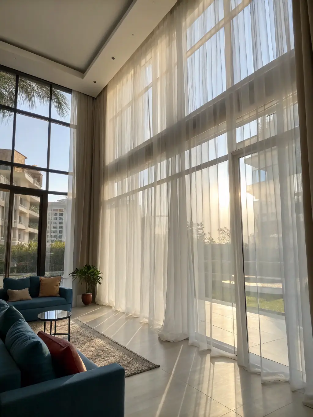 A bright and airy living space with lightweight linen curtains, allowing natural light to filter through while maintaining privacy. The image should capture the delicate texture and transparency of the linen.