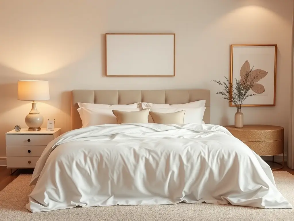 A cozy bedroom featuring Blackout curtains in a dark color, creating a peaceful and dark environment. The image should highlight the light-blocking capabilities of the curtains.