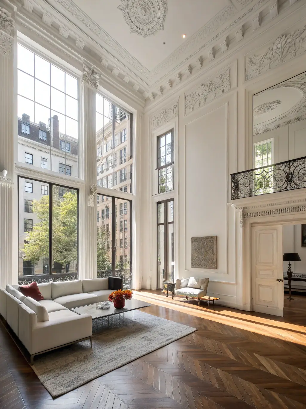 An image showcasing a beautifully designed parquet floor in a living room, emphasizing its intricate pattern and warm tones.