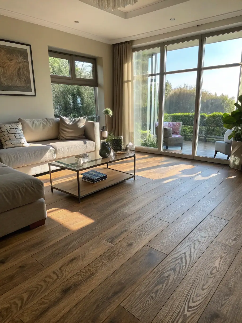 A stylish living room featuring wood alternative flooring, showcasing its natural look and eco-friendly benefits.