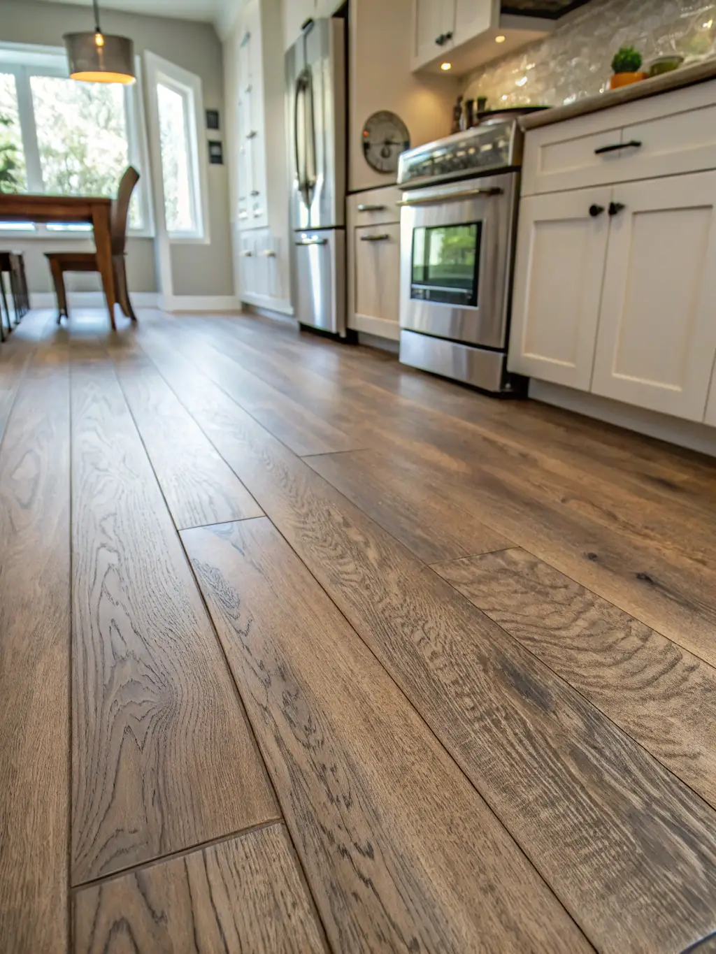 A close-up shot of waterproof flooring installed in a modern bathroom, highlighting its texture and water-resistant properties.