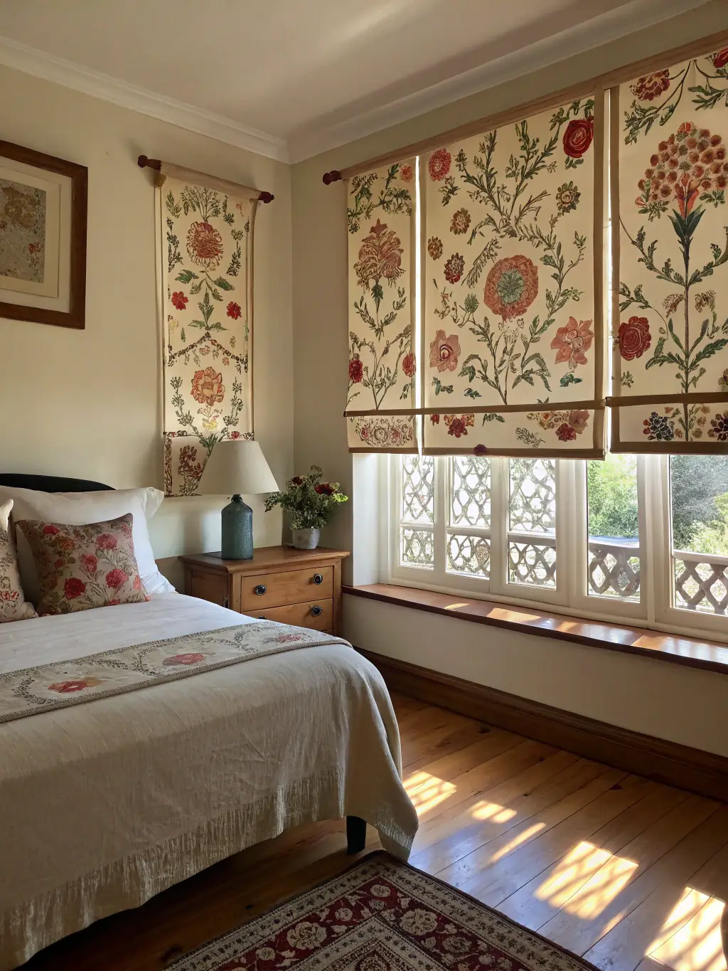 A cozy bedroom showcasing American curtains with a classic pleated design, providing a structured and timeless appeal. The image should emphasize the neat folds and tailored appearance.